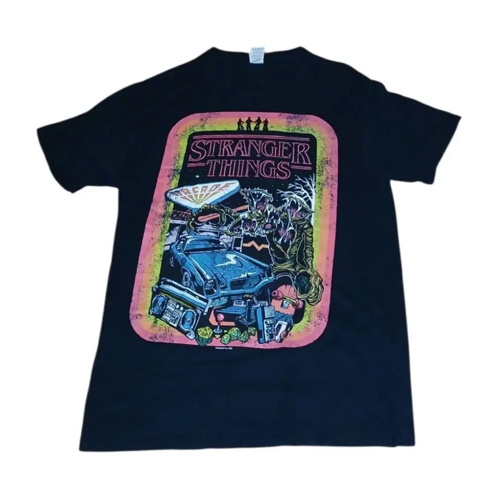 Stranger Things Retro Mens M‎ T-Shirt Crew Black Multicolor Graphic Print Arcade